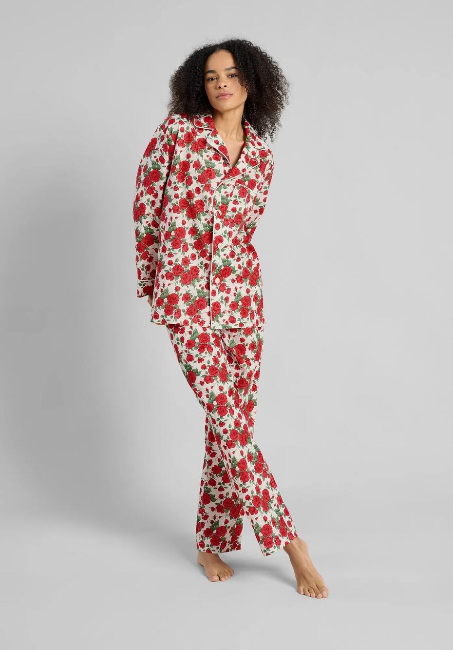 Sleepy Jones Pajama Shirt Size M White Red Linen Rose Collared Classic Button-Up
